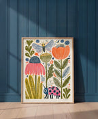 Folk Art Garden Botanical Print art print shown in a blue 1 setting