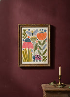 Folk Art Garden Botanical Print art print shown in a burgundy brass setting