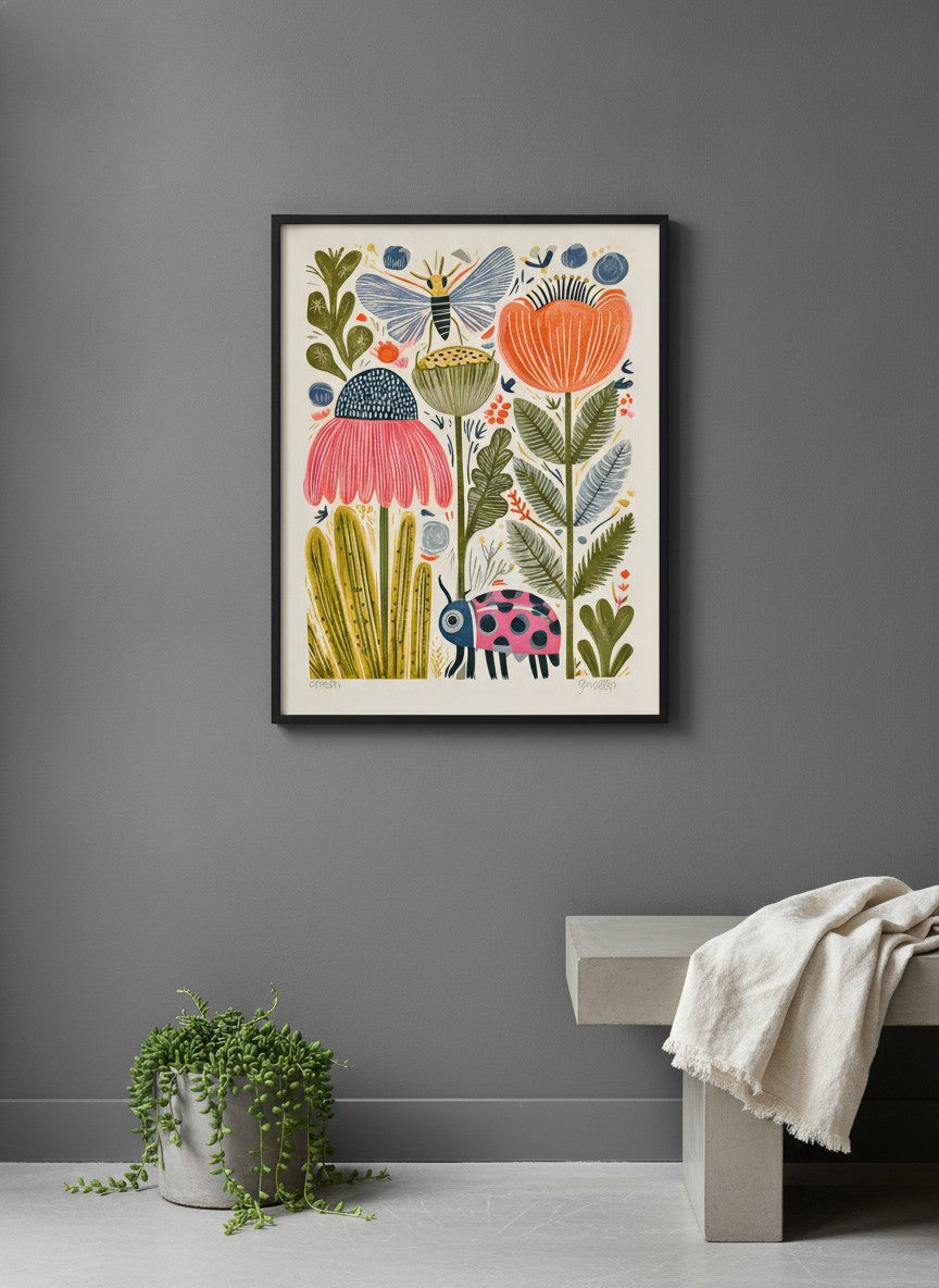 Folk Art Garden Botanical Print art print shown in a charcoal minimal black setting