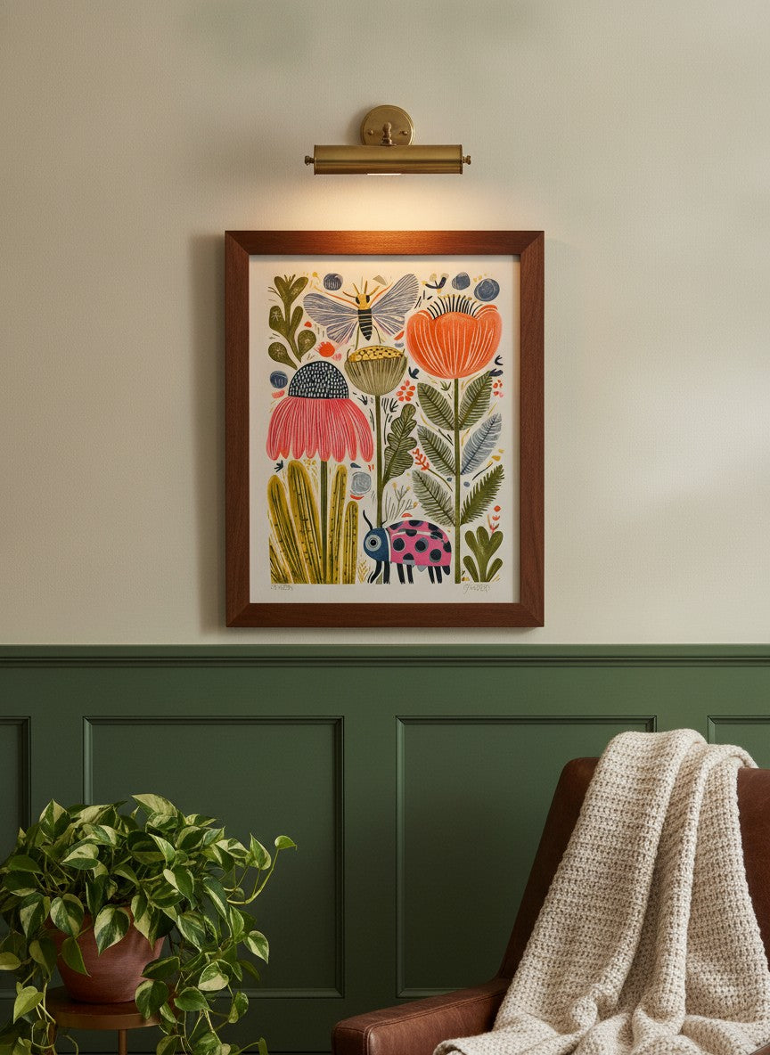Folk Art Garden Botanical Print art print shown in a forest green walnut setting