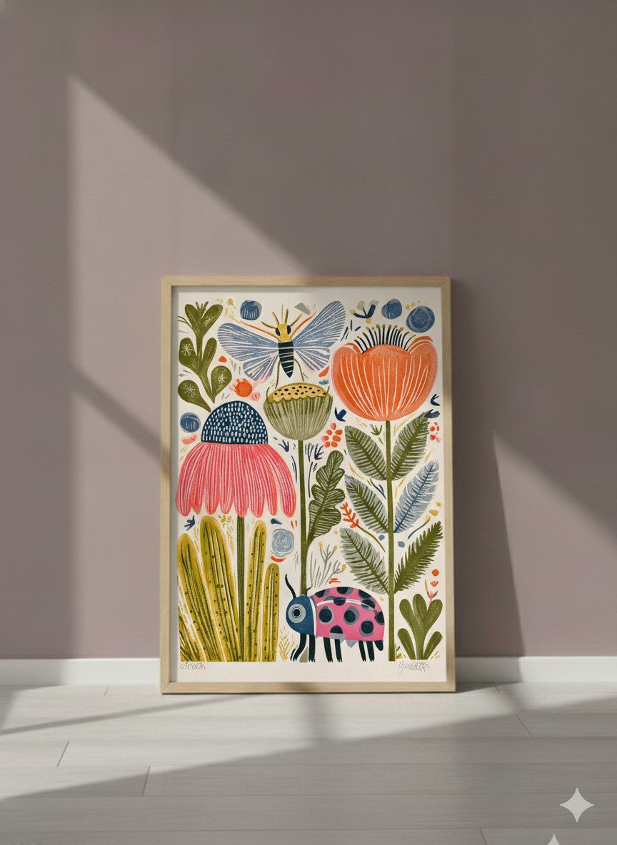 Folk Art Garden Botanical Print art print shown in a purple setting