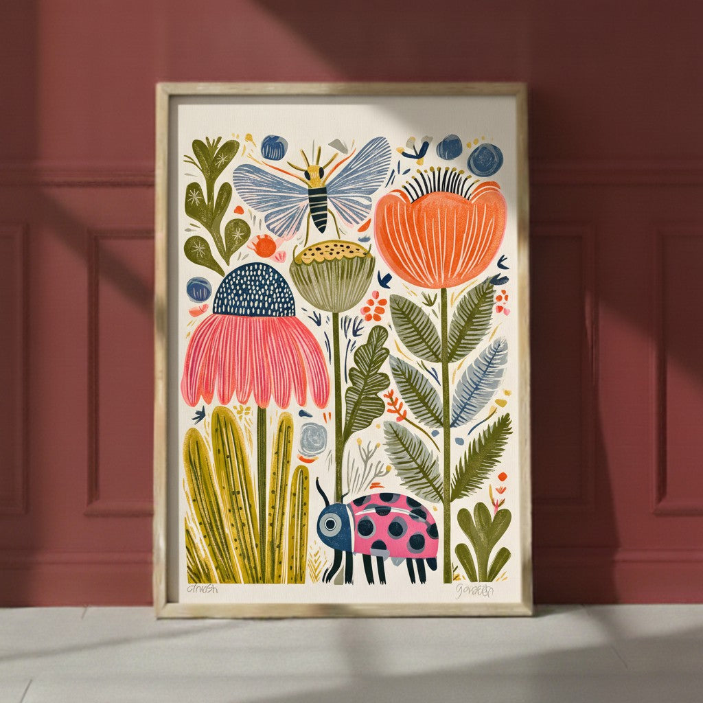 Folk Art Garden Botanical Print art print shown in a red setting