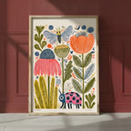 Folk Art Garden Botanical Print art print shown in a red setting