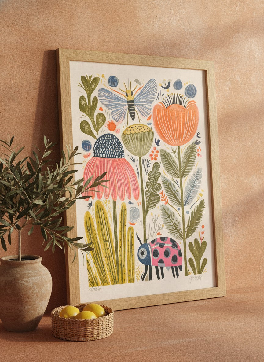 Folk Art Garden Botanical Print art print shown in a terracotta rustic setting