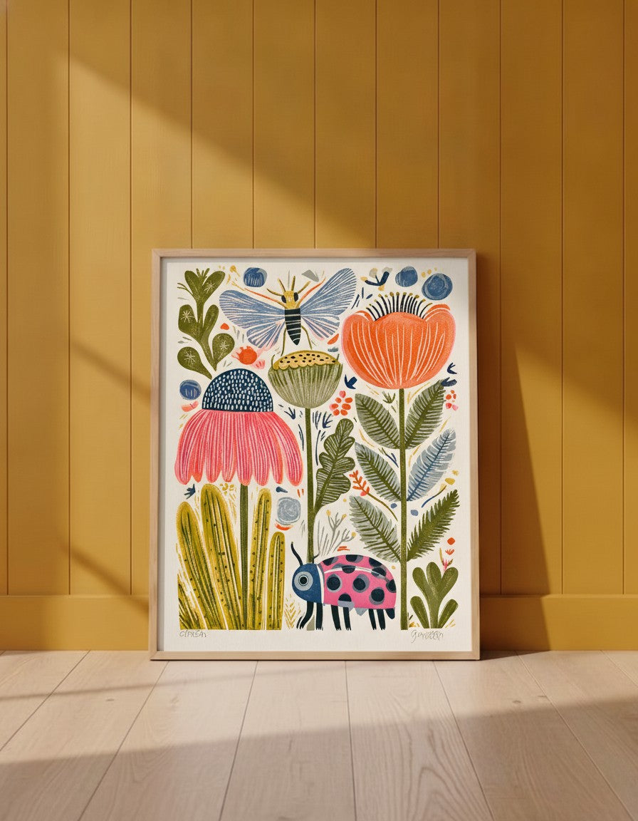 Folk Art Garden Botanical Print art print shown in a yellow wall setting