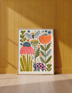 Folk Art Garden Botanical Print art print shown in a yellow wall setting