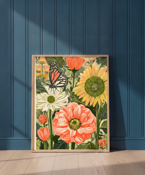 Botanical Butterfly Garden Art art print shown in a blue 1 setting