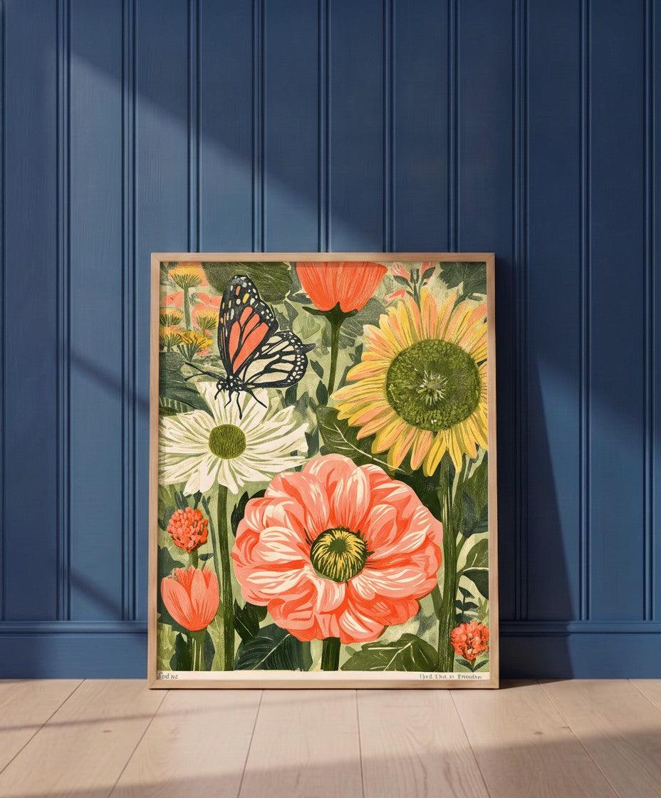 Botanical Butterfly Garden Art art print shown in a blue wall paneled setting