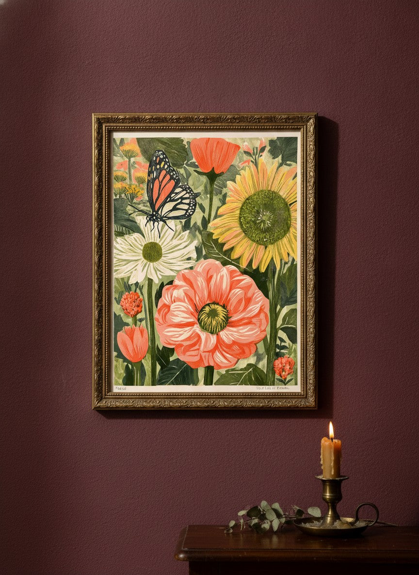 Botanical Butterfly Garden Art art print shown in a burgundy brass setting