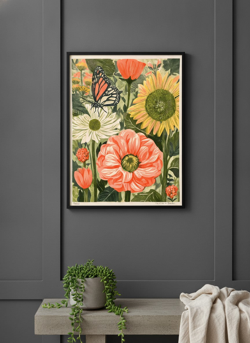 Botanical Butterfly Garden Art art print shown in a charcoal minimal black setting