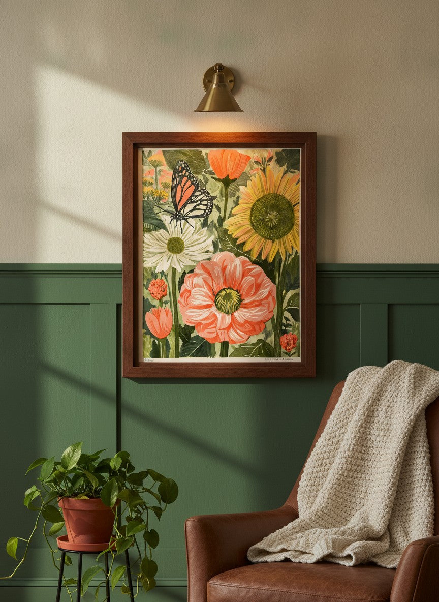 Botanical Butterfly Garden Art art print shown in a forest green walnut setting
