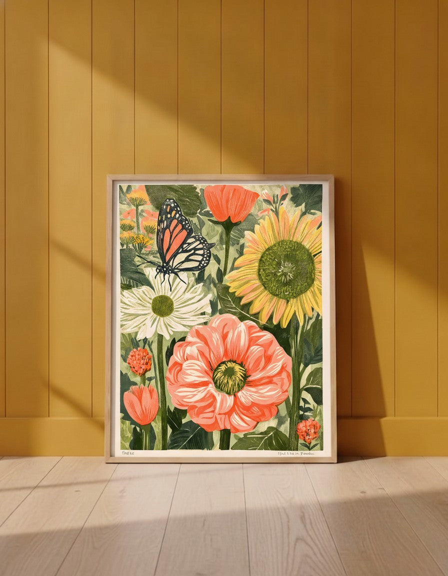 Botanical Butterfly Garden Art art print shown in a yellow wall setting