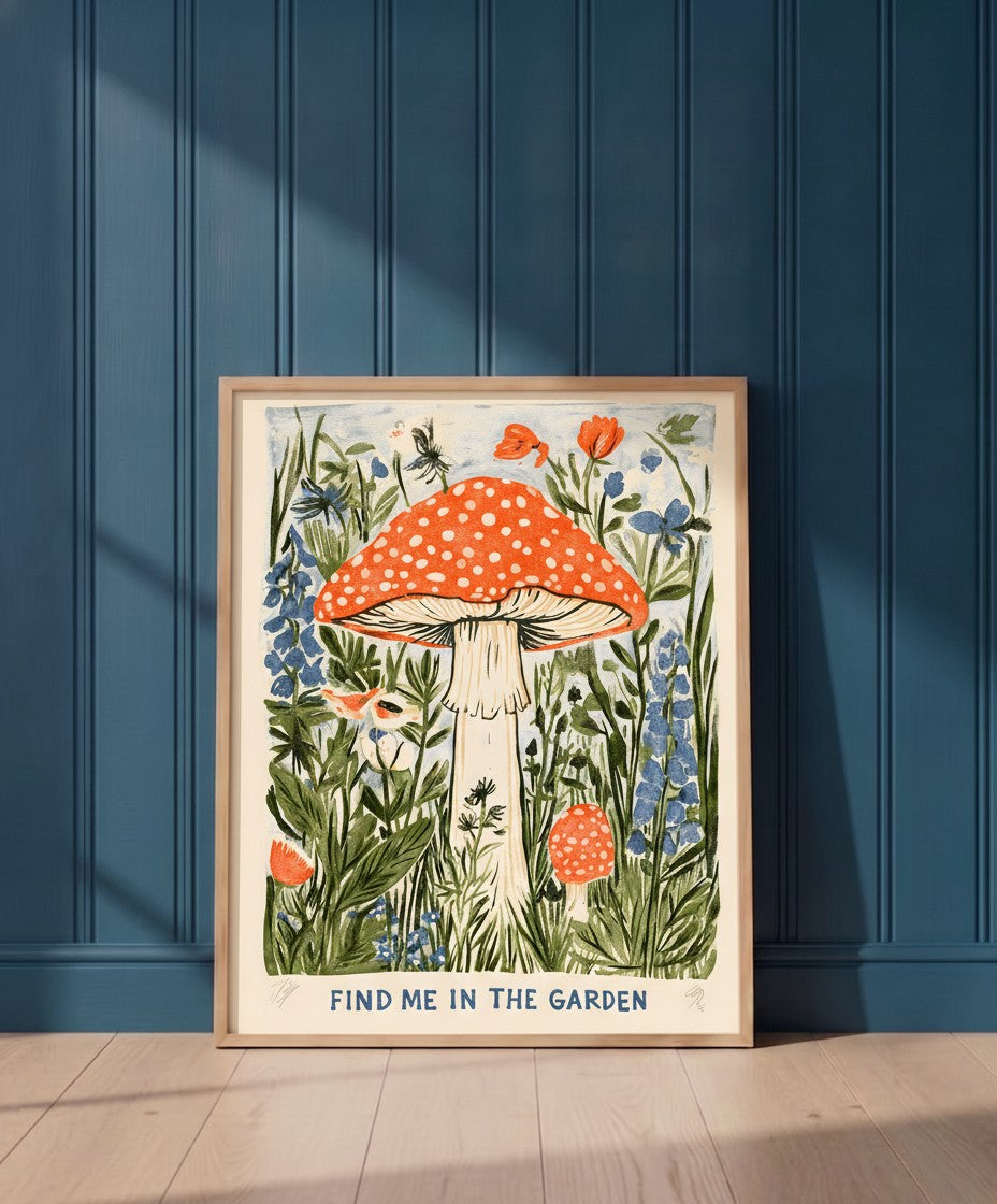 Cottagecore Mushroom Botanical Art art print shown in a blue 1 setting