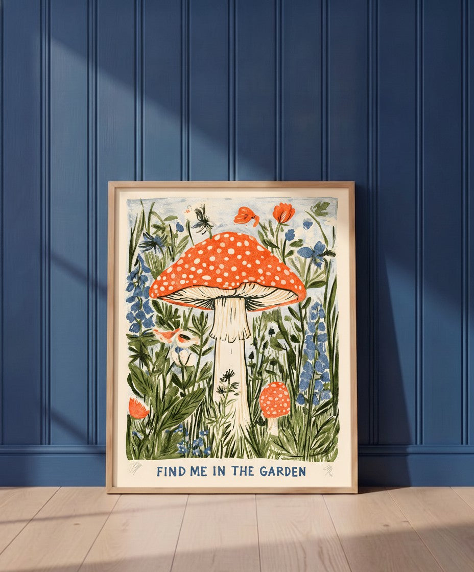 Cottagecore Mushroom Botanical Art art print shown in a blue wall paneled setting