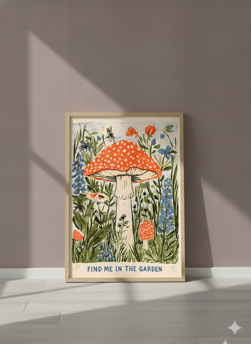 Cottagecore Mushroom Botanical Art art print shown in a purple setting