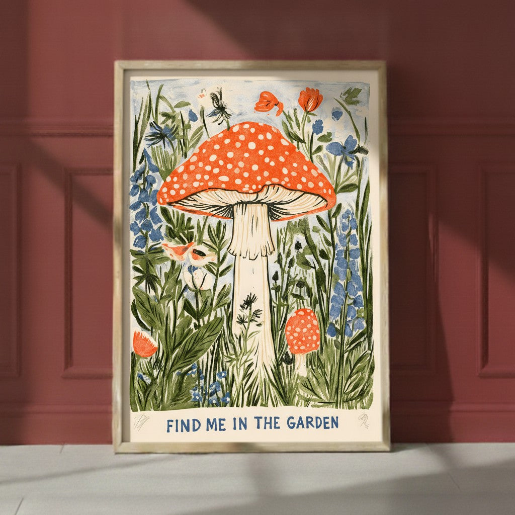 Cottagecore Mushroom Botanical Art art print shown in a red setting