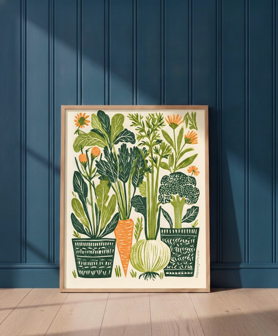Folk Art Vegetable Garden Print art print shown in a blue 1 setting