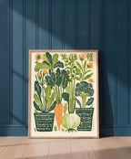 Folk Art Vegetable Garden Print art print shown in a blue 1 setting