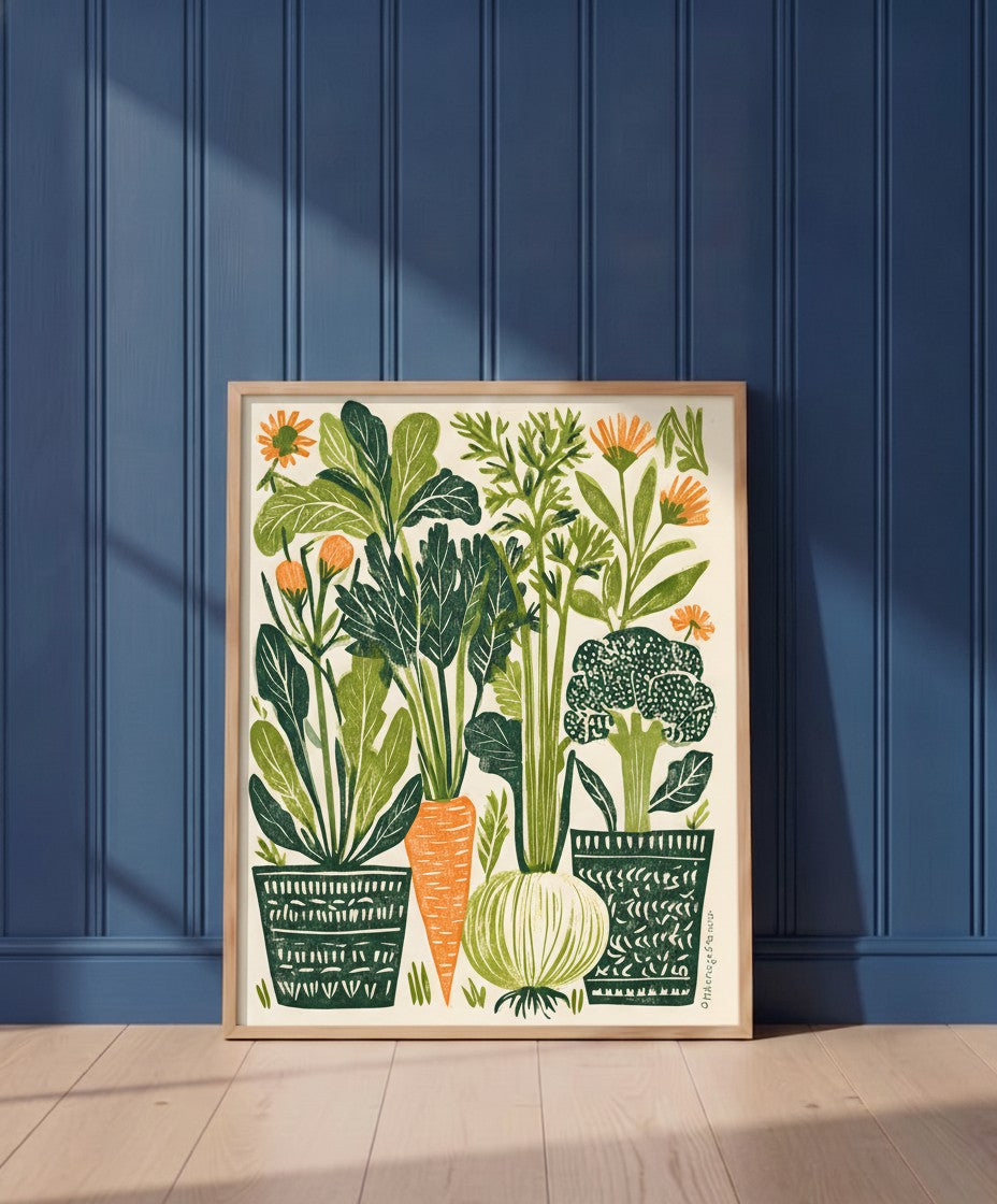Folk Art Vegetable Garden Print art print shown in a blue wall paneled setting