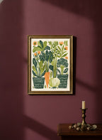 Folk Art Vegetable Garden Print art print shown in a burgundy brass setting
