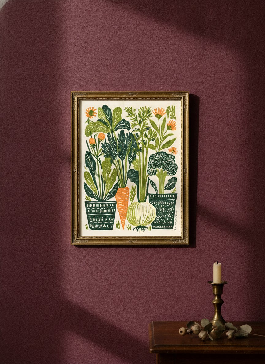 Folk Art Vegetable Garden Print art print shown in a burgundy brass setting