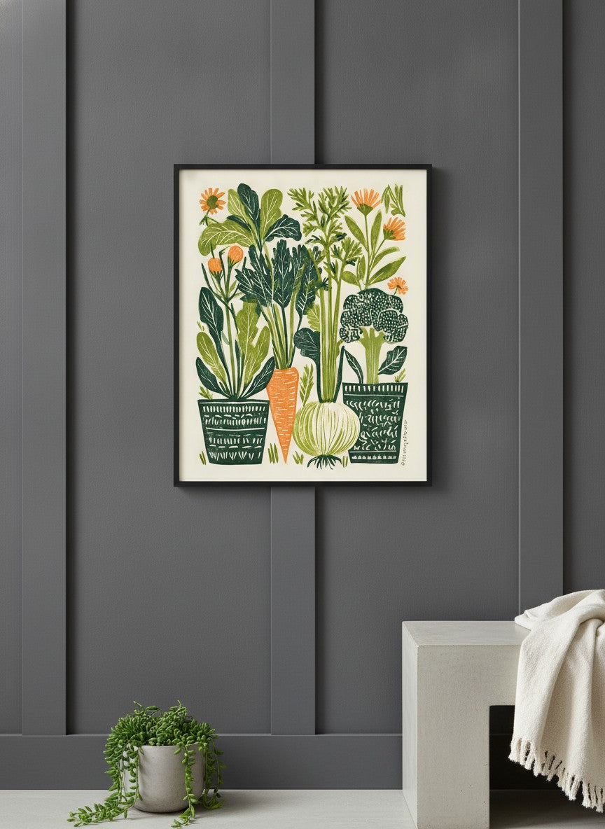 Folk Art Vegetable Garden Print art print shown in a charcoal minimal black setting