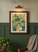 Folk Art Vegetable Garden Print art print shown in a forest green walnut setting