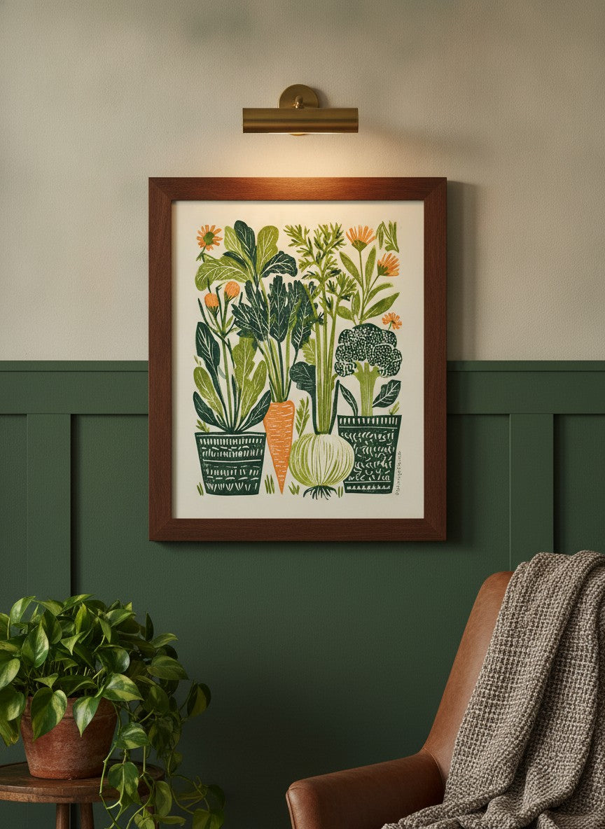 Folk Art Vegetable Garden Print art print shown in a forest green walnut setting