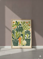 Folk Art Vegetable Garden Print art print shown in a purple setting