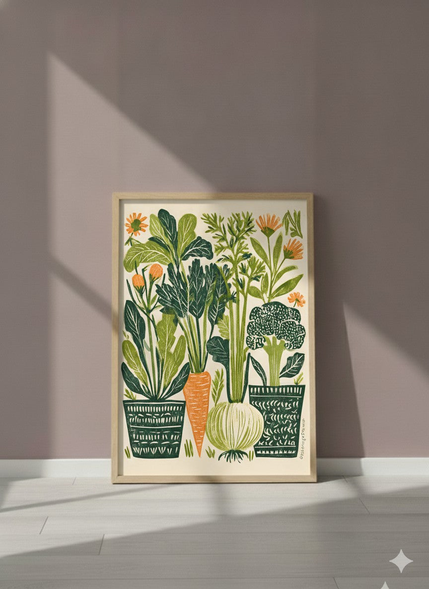 Folk Art Vegetable Garden Print art print shown in a purple setting