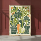 Folk Art Vegetable Garden Print art print shown in a red setting
