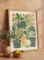 Folk Art Vegetable Garden Print art print shown in a terracotta rustic setting