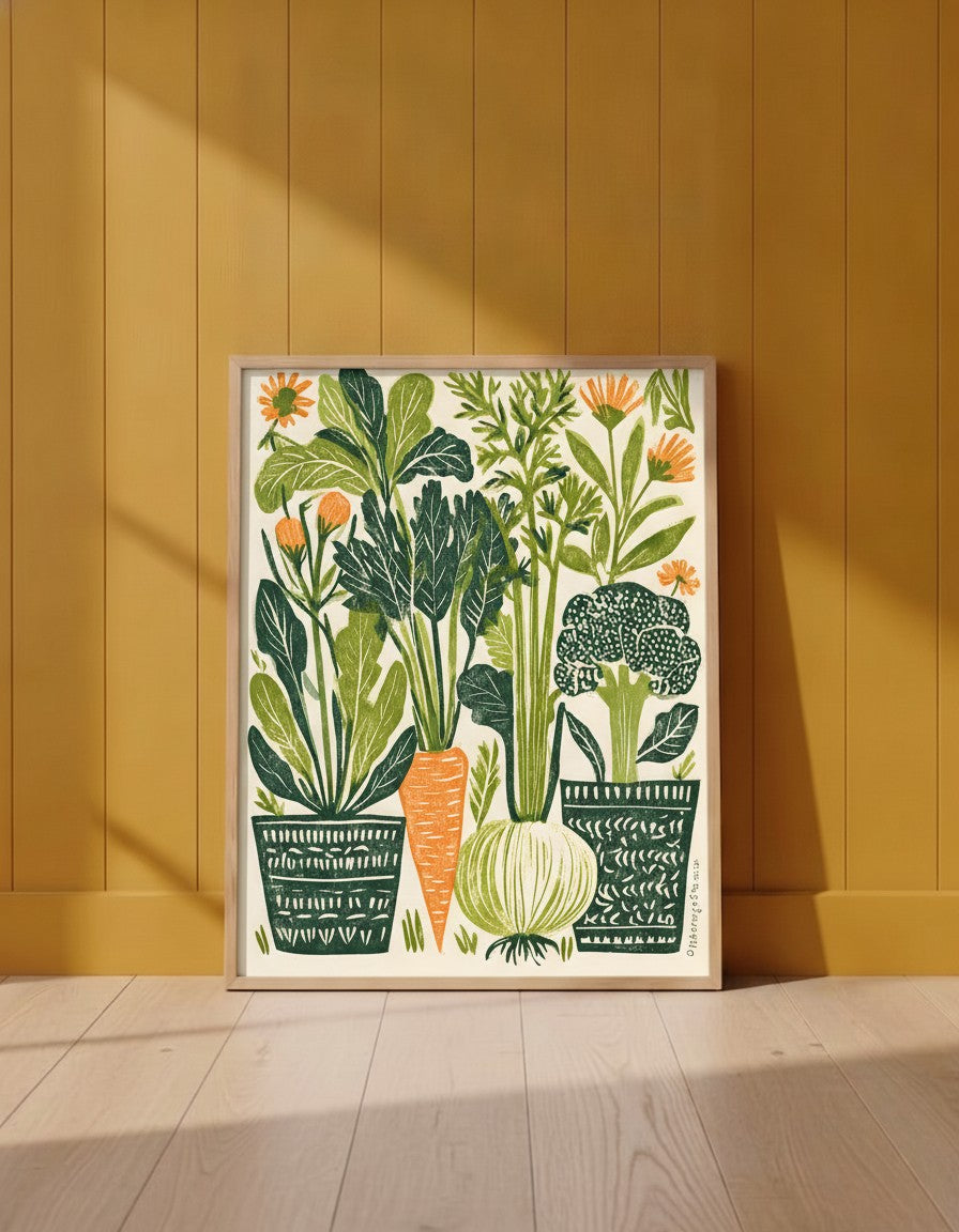 Folk Art Vegetable Garden Print art print shown in a yellow wall setting
