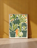 Folk Art Vegetable Garden Print art print shown in a yellow wall setting