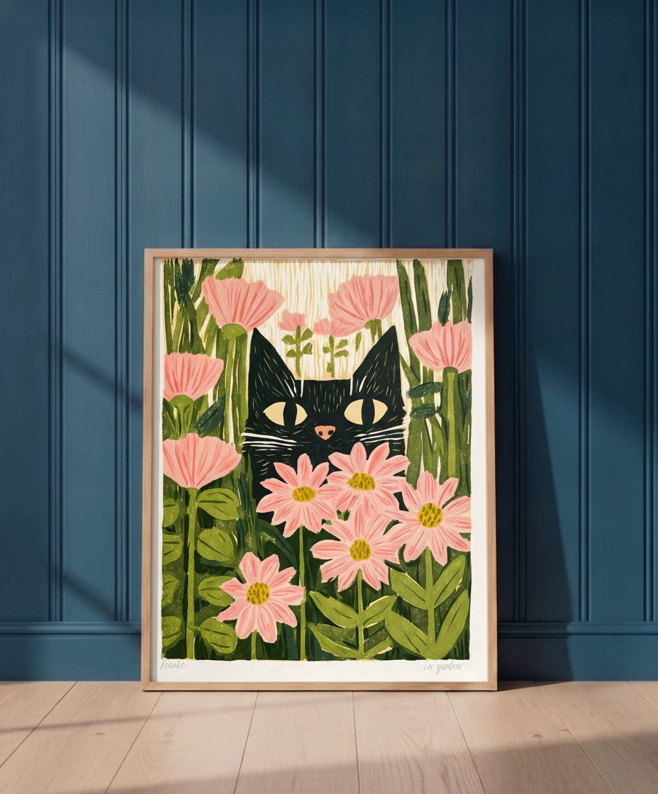 Black Cat Pink Daisy Art art print shown in a blue 1 setting