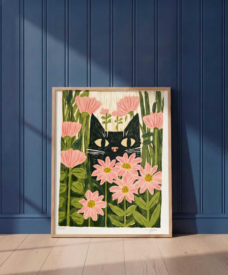 Black Cat Pink Daisy Art art print shown in a blue wall paneled setting