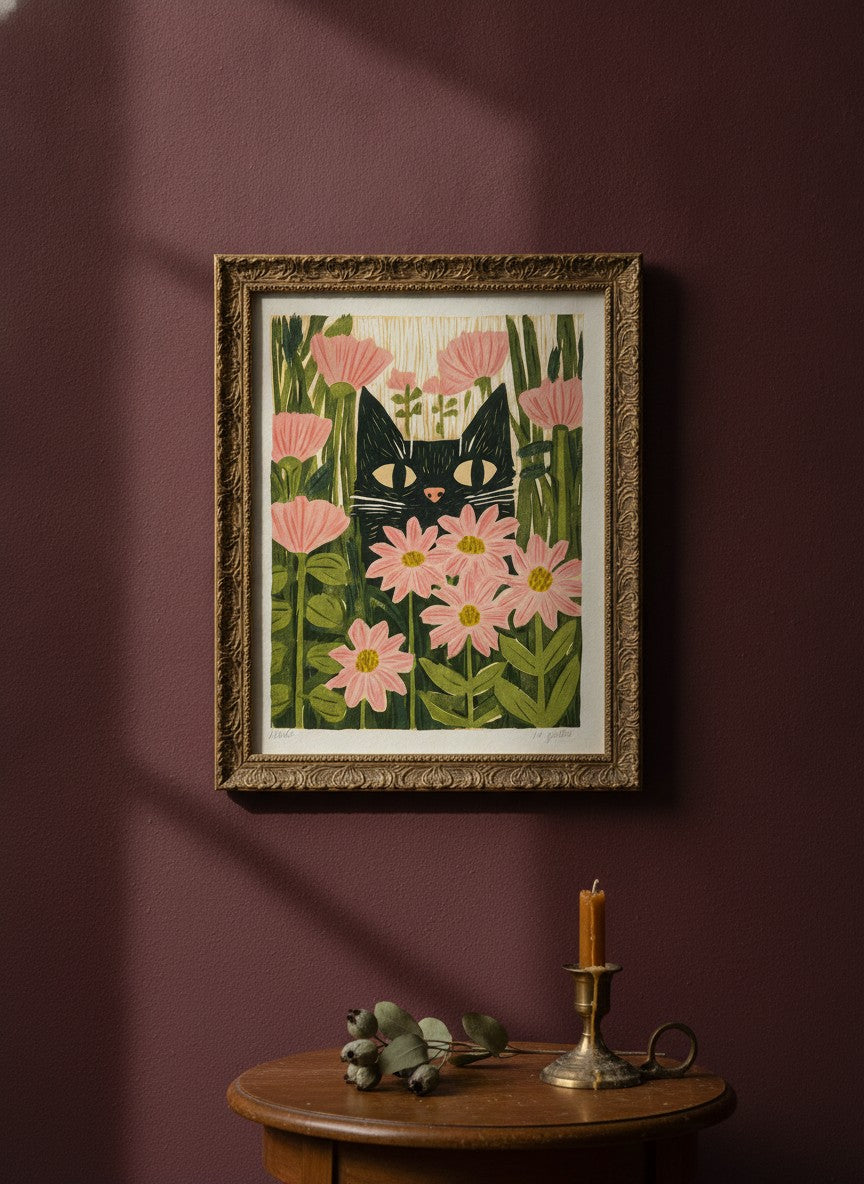 Black Cat Pink Daisy Art art print shown in a burgundy brass setting