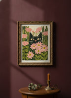 Black Cat Pink Daisy Art art print shown in a burgundy brass setting