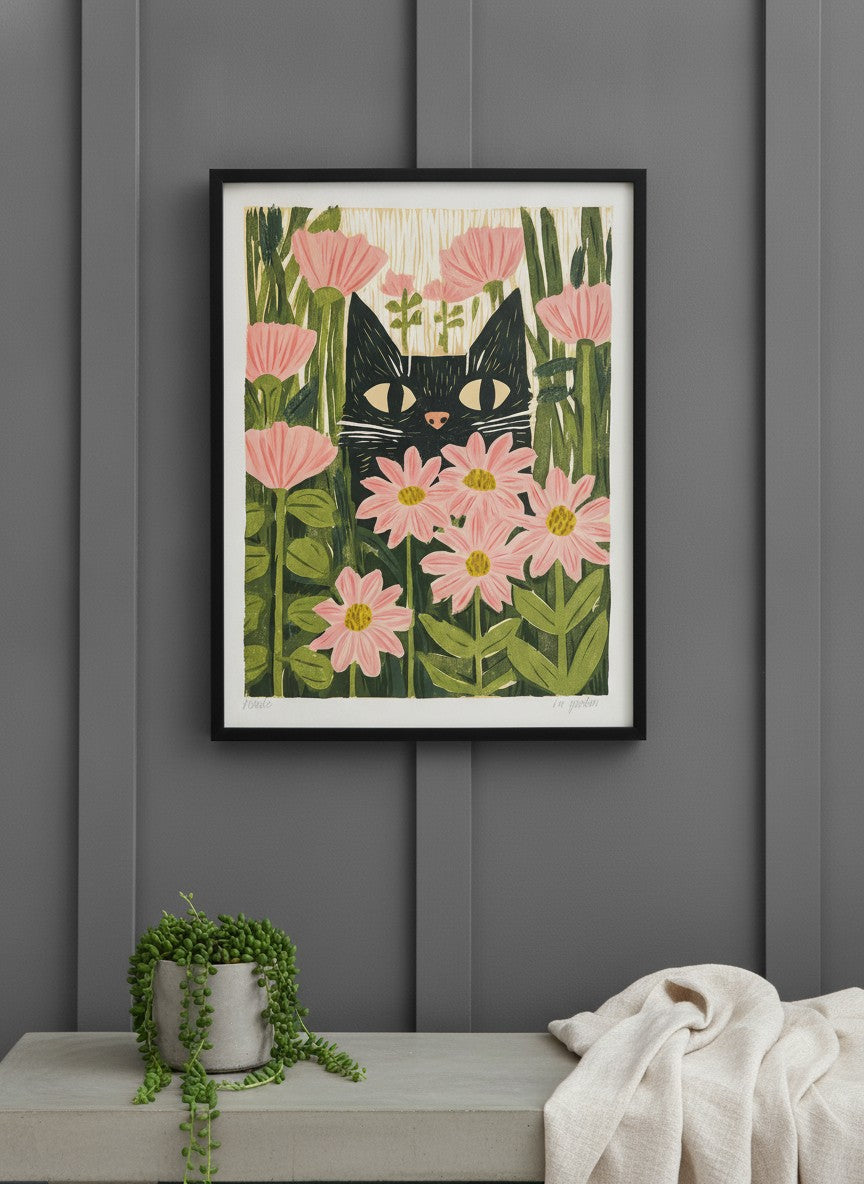 Black Cat Pink Daisy Art art print shown in a charcoal minimal black setting