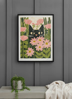 Black Cat Pink Daisy Art art print shown in a charcoal minimal black setting