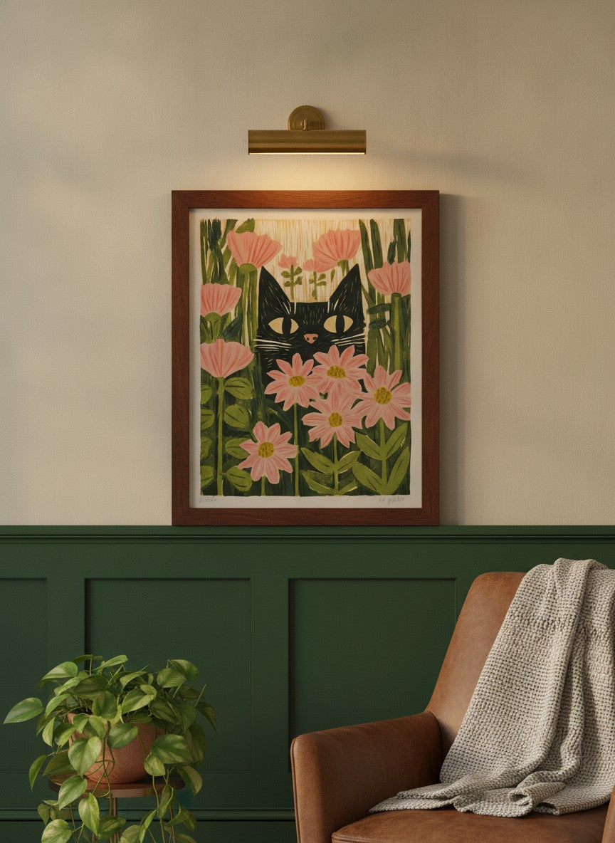 Black Cat Pink Daisy Art art print shown in a forest green walnut setting