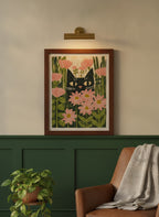Black Cat Pink Daisy Art art print shown in a forest green walnut setting
