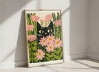 Black Cat Pink Daisy Art art print