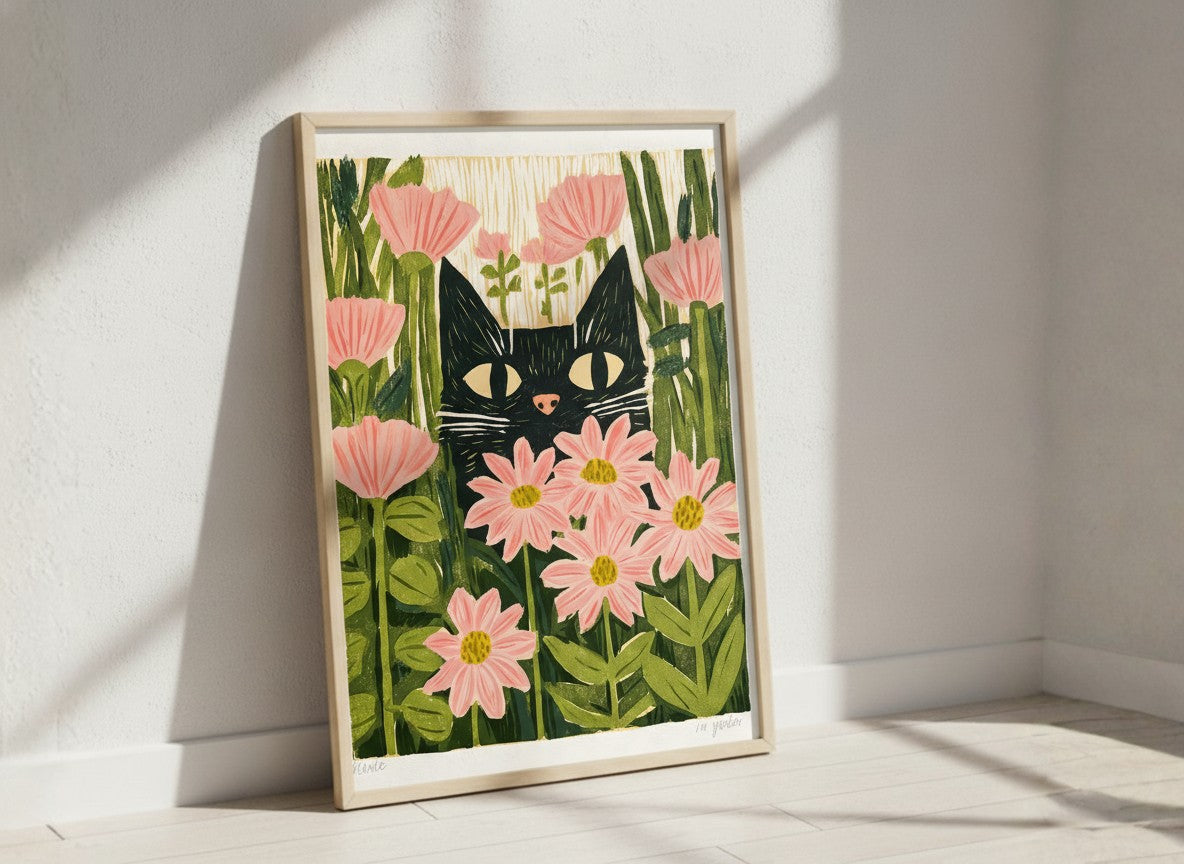 Black Cat Pink Daisy Art art print