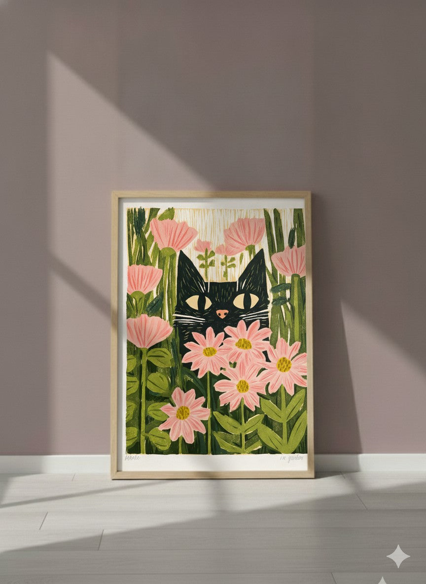 Black Cat Pink Daisy Art art print shown in a purple setting