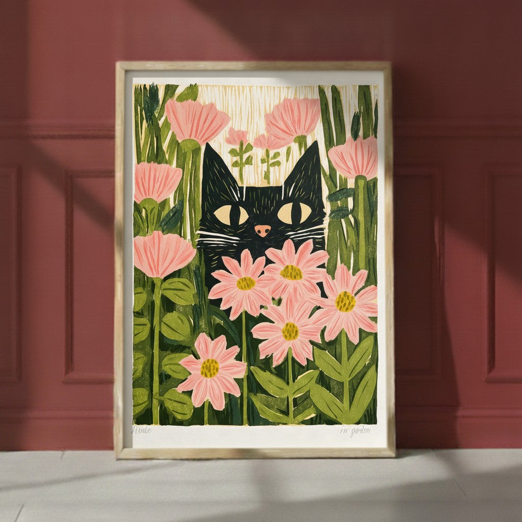 Black Cat Pink Daisy Art art print shown in a red setting