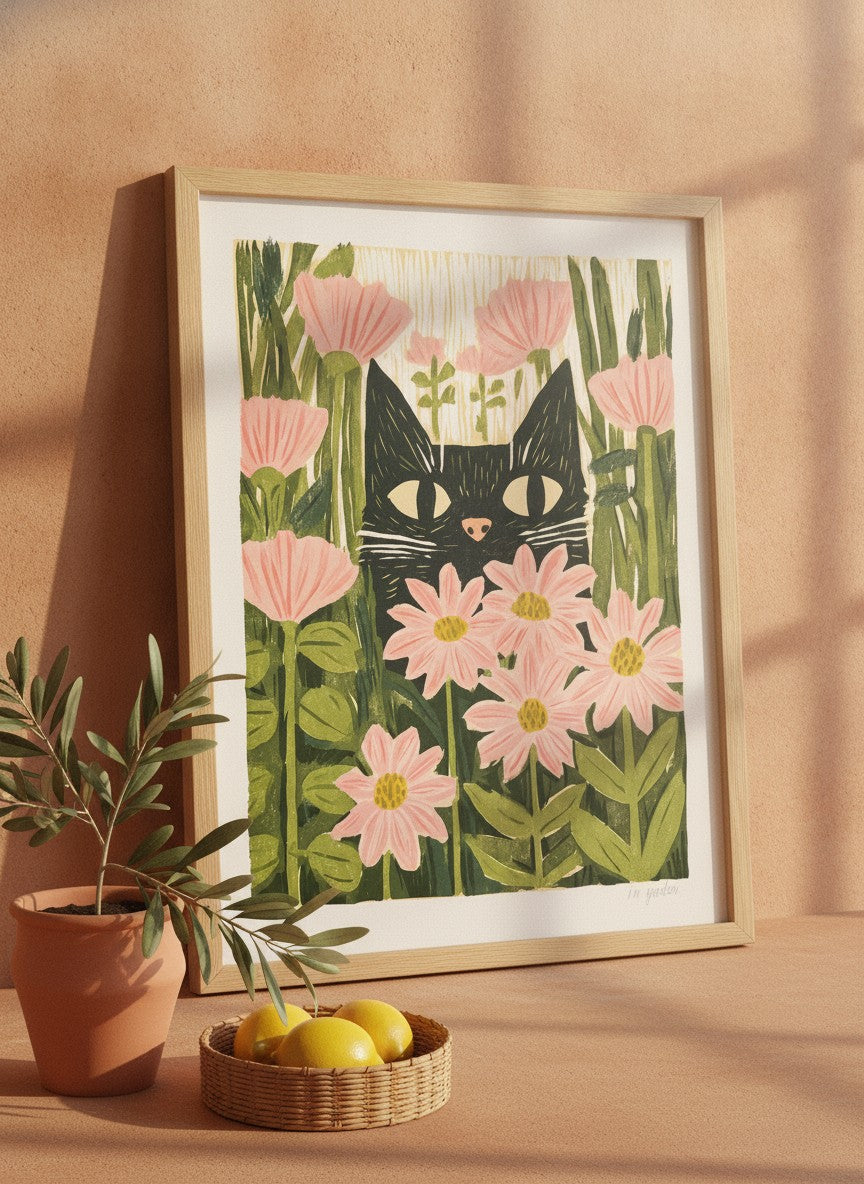 Black Cat Pink Daisy Art art print shown in a terracotta rustic setting