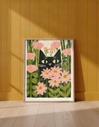 Black Cat Pink Daisy Art art print shown in a yellow wall setting