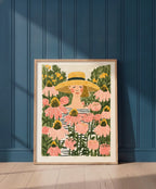 Woman Garden Floral Folk Art art print shown in a blue 1 setting
