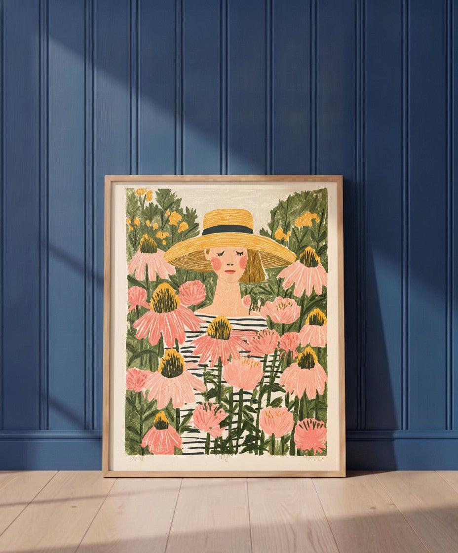 Woman Garden Floral Folk Art art print shown in a blue wall paneled setting